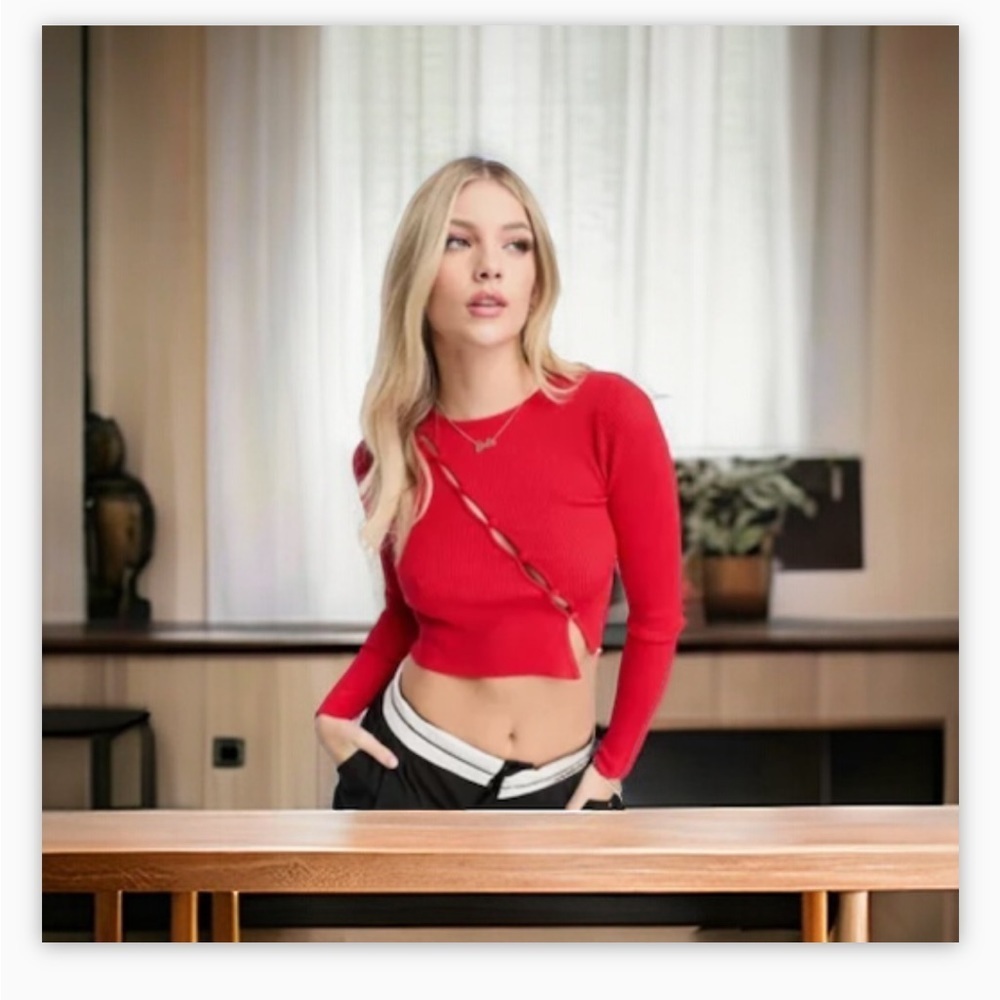 ASOS-Diagonal Lace-Up Long Sleeve Top-Seamless Ribbed Sz M-NWOT-Red-Garage-☀️❤️ - Picture 8 of 9